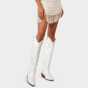 Ouepiano White Cowgirl Boots Women Cowboy Knee High Tall Boots Chunky Heel  Sz 9
